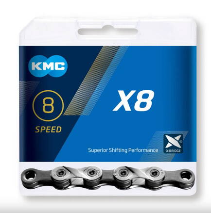 KMC Reťaz X 8 strieborno-šedá, vrátane spojky, 114 článkov